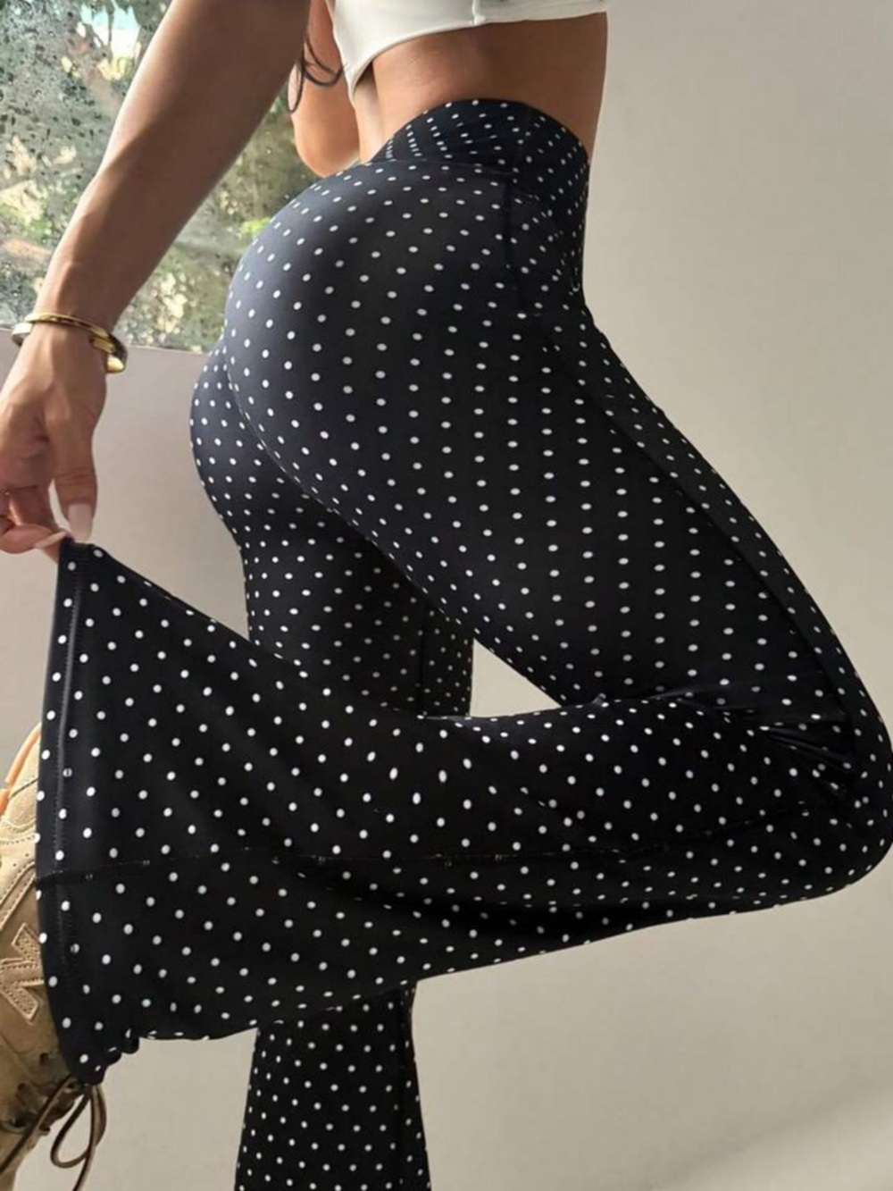 Black Polka Dot High-Waist Flare Leggings - Picture 2 of 4